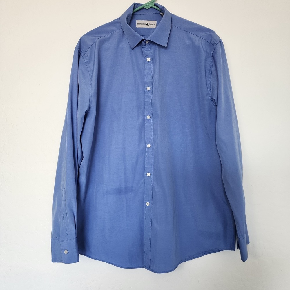 Beverly Hills Polo Club Men's Large Blue Dress Shirt Button Front Long Sleeve - Picture 2 of 10